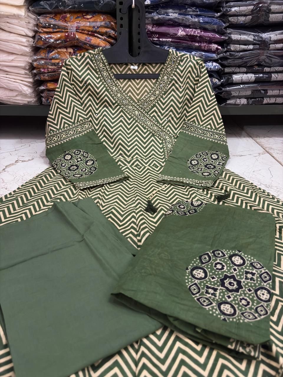 Cotton Printed Angrakha Anarkali Suit Set